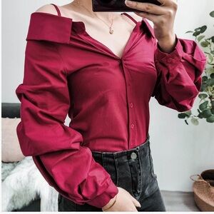 Fashion nova off the shoulder boyfriend style button down Burgundy